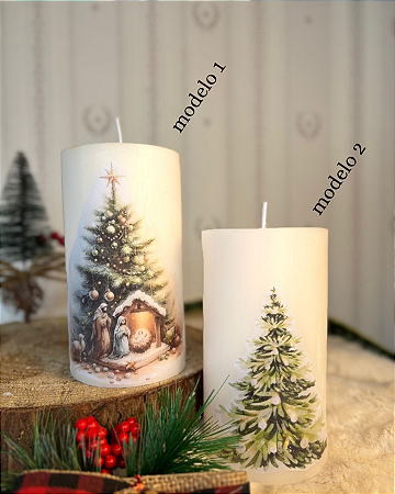 Vela cilindro com decoupage de Natal. 14cm altura