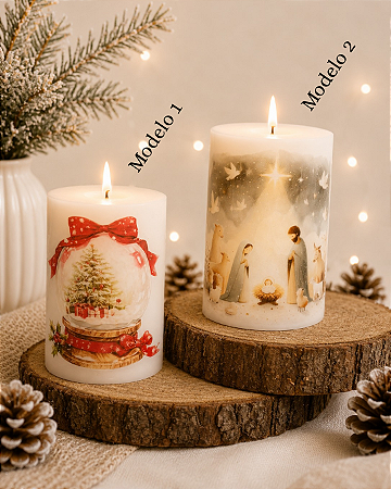 Vela cilindro com decoupage de Natal - 11cm altura
