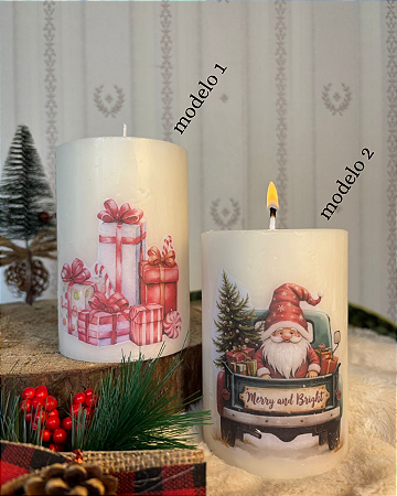 Vela cilindro com decoupage de Natal - 11cm altura