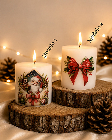 Vela cilindro com decoupage de Natal - 8cm altura