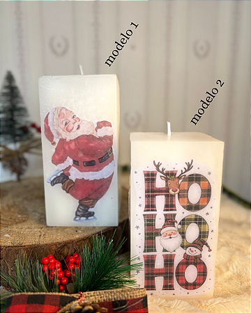 Vela quadrada com decoupage de Natal - 14cm altura