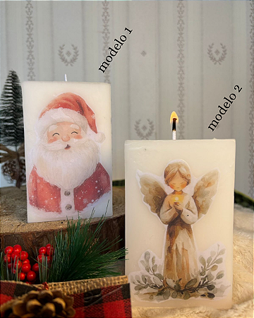 Vela quadrada como decoupage de Natal - 11 cm de altura