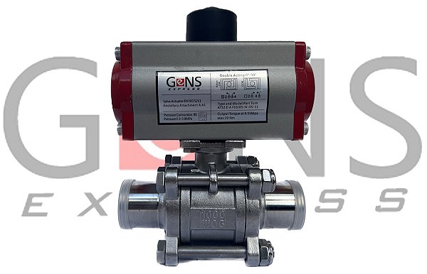 Válvula Esfera Tripartida 304 PTFE Plena 2 Vias Solda Com Atuador Pneumático