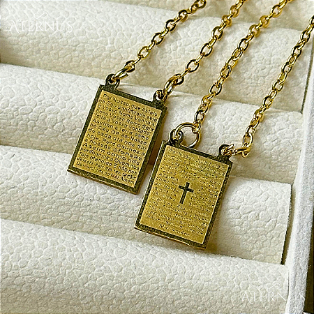 Escapulário Pai Nosso Dourado Quadrado 75cm em Aço Inoxidável