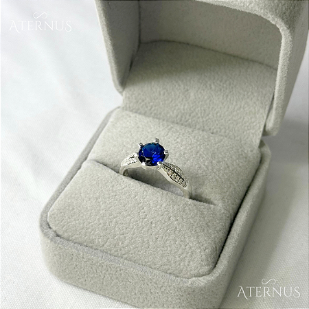Anel Zircônia Azul Redondo - Prata 925