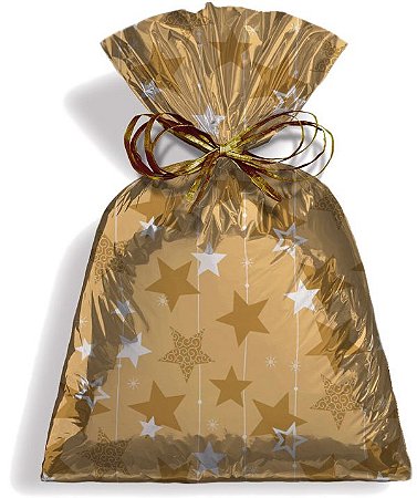 Saco Metalizado para Presente Stars Ouro - pacote com 50 unidades