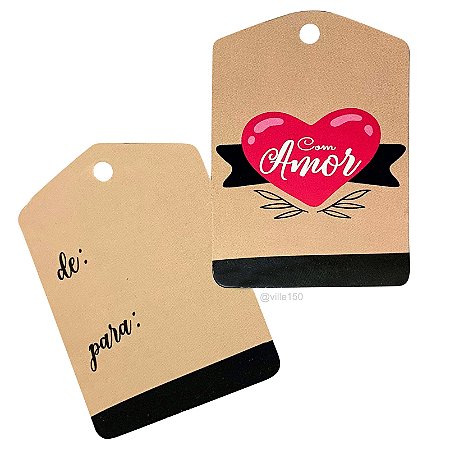 TAG Decorativa Com Amor Rosa e Preto - Pacote com 10 unidades