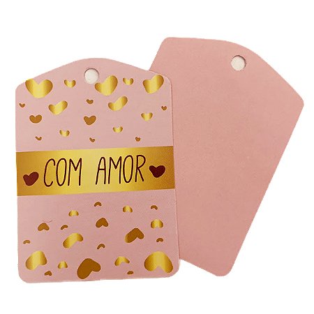 TAG Decorativa Com Amor Rosa Dourado - Pacote com 10 unidades