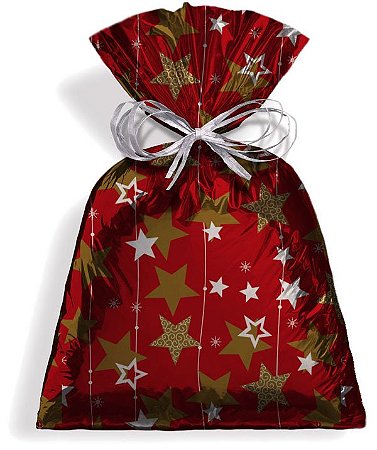 Saco Metalizado para Presente Stars Vermelho - pacote com 50 unidades