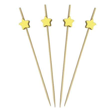 Palito em Bambu Para Petisco 12cm Natal Estrelinha Dourada HA429 - Pacote com 20 unidades