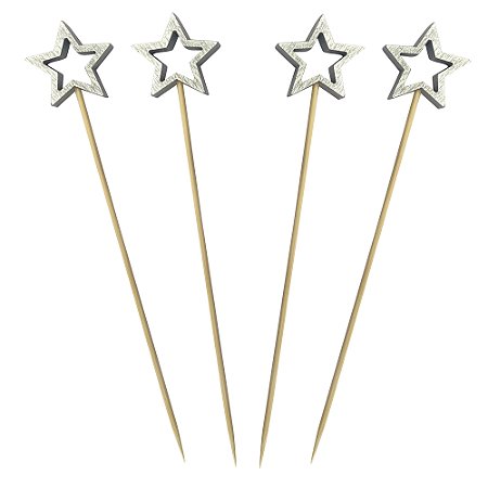 Palito em Bambu para Petisco Natal Estrela Prateada HA555 - Pacote com 20 unidades
