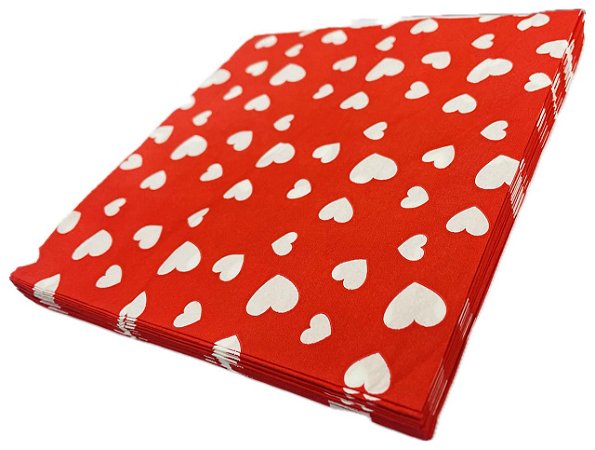 Guardanapo Estampado 32cm Coracões Brancos em Fundo Vermelho - Pacote com 20 unidades