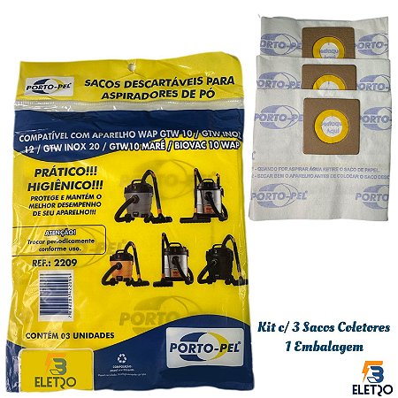 Kit C/3 Filtro Saco Papel Aspirador de Pó Wap GTW 10/ GTW INOX12/ GTW INOX20/ GTWMARÉ/ BIOVAC 10 WAP
