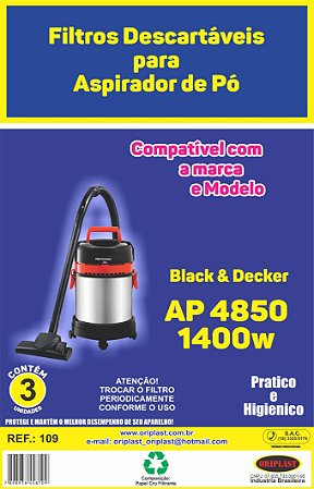 Kit C/3 Filtro Saco Papel para Aspirador de Pó Black e Decker AP4850 1400w