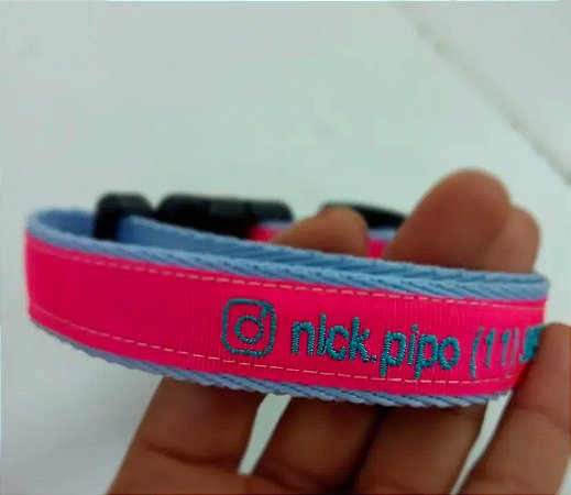 Coleira de identificação Bordada Premium- Pink com azul