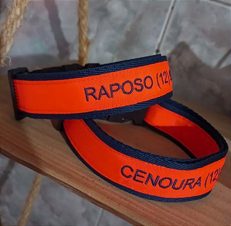 Coleira de identificação Bordada Premium- Laranja e marinho