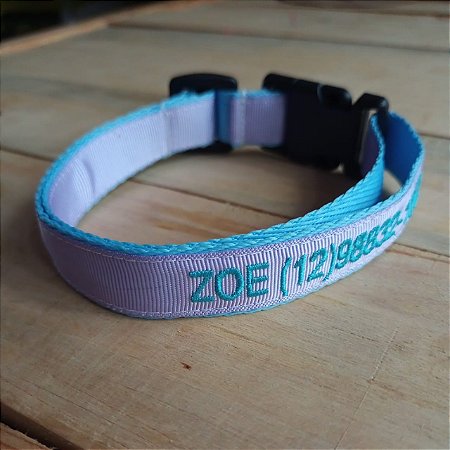 Coleira de identificação Bordada Premium- azul claro com lilás