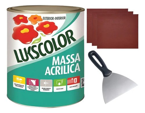 Kit Massa Acrilica PVA 3,6lt Lukscolor + Lixa G120 + Espátula Aço