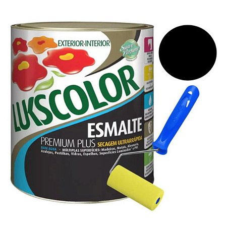 Tinta Esmalte Fosco Base Água Preto 900ml Lukscolor + Rolo 09cm