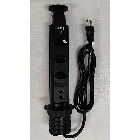 Torre de Tomadas Multiplug Retrátil Preto - 3 Tomadas + 2 USB - AMS 16A 20A Bivolt