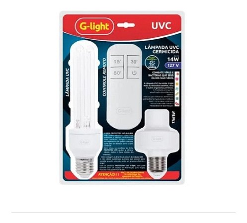 Kit Lâmpada Germicida 14w E27 127V UV-C G Light Controle Remoto