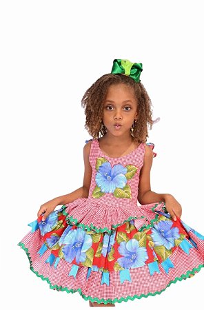 VESTIDO JUNINO PATCH XADREZ ROSA A23
