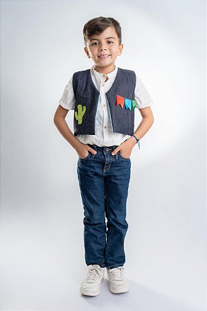 COLETE JUNINO JEANS E XADREZ FOGUEIRA A25
