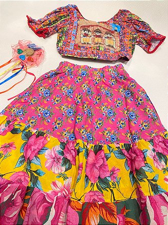 SAIA JUNINO CHITA VERDE AMARELO E ROSA A25