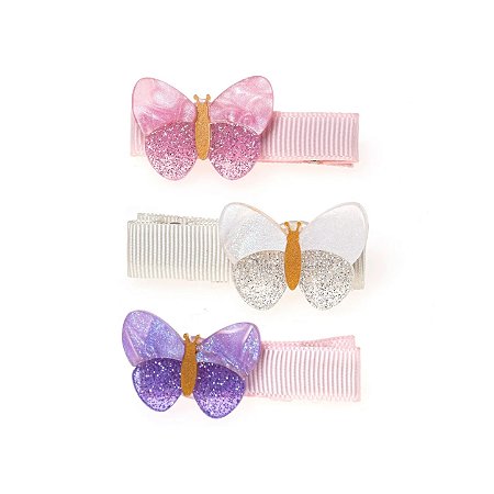 PRESILHA BICO DE PATO BABY BORBOLETA LILAS BRANCO E ROSA TEXTURIZADO