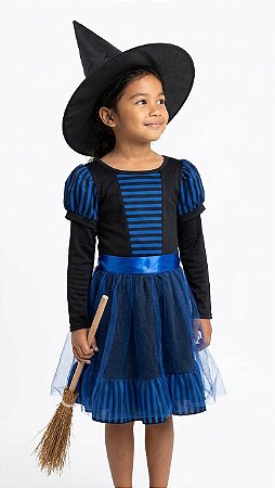 FANTASIA HALLOWEEN BRUXA SAIA E CHAPEU COM TULE AZUL