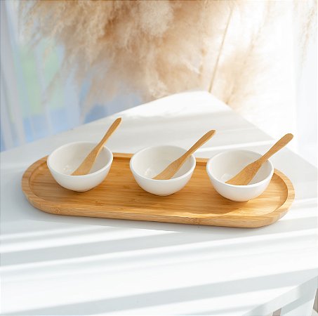 Conjunto Petisqueira bambu com Bowl em Cerâmica e Espátula