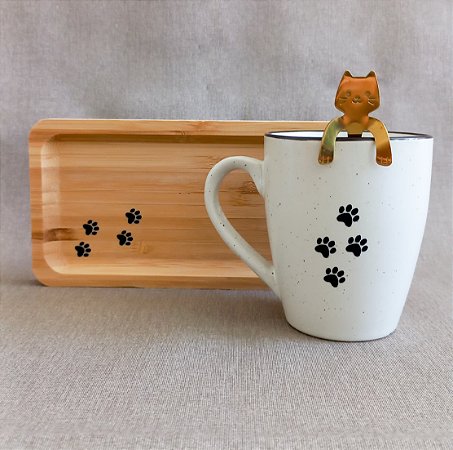 Caneca com Bandeja Flake Cream Com Colher Gatinho