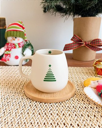 Caneca de Café Árvore de Natal com Pires em Bambu 150ml