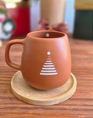 Caneca Árvore de Natal com Pires em Bambu 150ml Cor Cerâmica