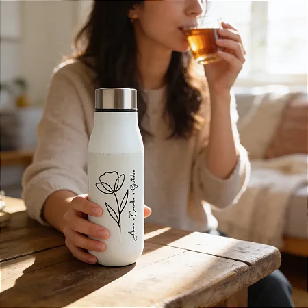 Garrafa Térmica Amor Carinho Gratidão Branco