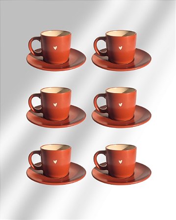 Jogo 6 Xícaras de Café Coração Terracota