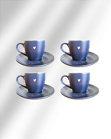 Jogo 4 xícaras c/ pires Café Chá Cerâmica Azul