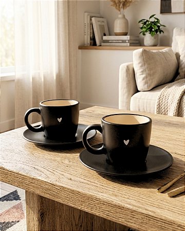 Jogo de 2 Xícaras Café Coração Preto