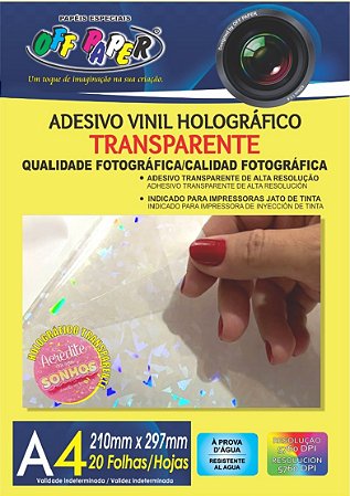 Adesivo Vinil Holográfico Transparente A4 20 FLS - OFFPAPER