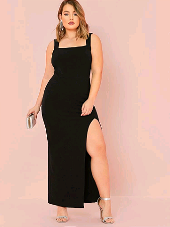Vestido Longo Fenda Decote Quadrado