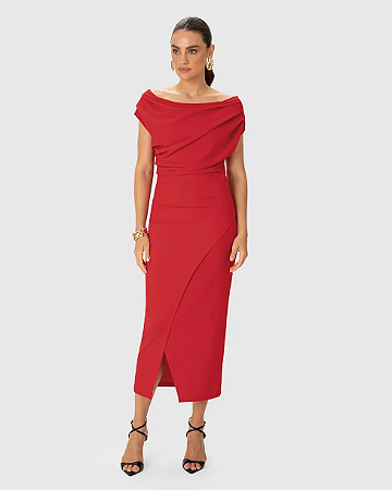 Vestido Midi Feminino Reto Transpassado Fenda Em Malha Creponada 1000136905