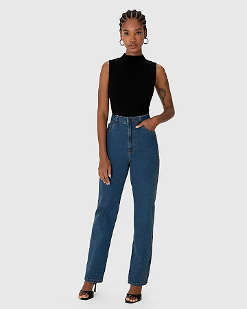 Calça Feminina Reta Cintura Alta Bolso Funcional Em Jeans Stretch  1000129486