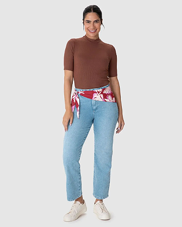 Calça Feminina Reta Cropped Com Lenço Estampado Em Jeans Stretch 1000134223