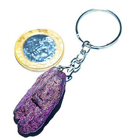 03 Chaveiro Pedrinha Purpurita Bruta Natural Prateado ATACADO