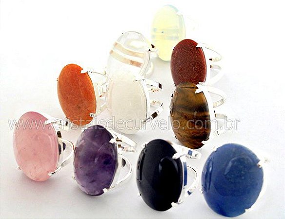 10 Anel Cabochão Pedra Misto Banho Prateado Aro Ajustável Atacado AC8243
