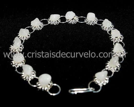 10 Pulseira Margarida Pedra rolada Quartzo Leitoso Prateado ATACADO
