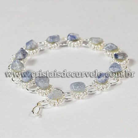 10 Pulseira Margarida Pedra rolada Quartzo Azul Prateado Atacado