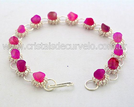 10 Pulseira Margarida Pedra Agata Rosa Prateado ATACADO