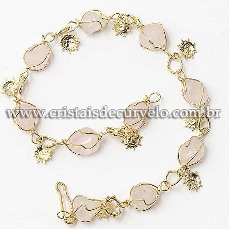 05 Pulseira Verão Pedra Quartzo Rosa Gaiola Dourado ATACADO