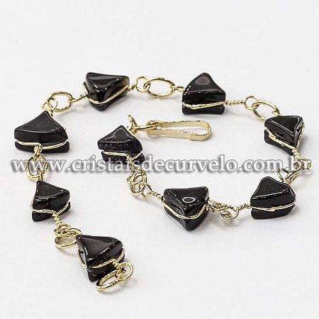 05 Pulseira Trillion Ranhurado Obsidiana Negra Dourado ATACADO